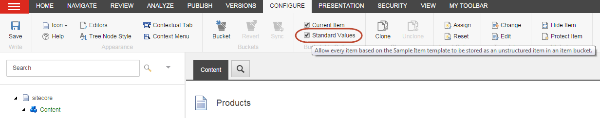 The Standard Values option on the Configure tab