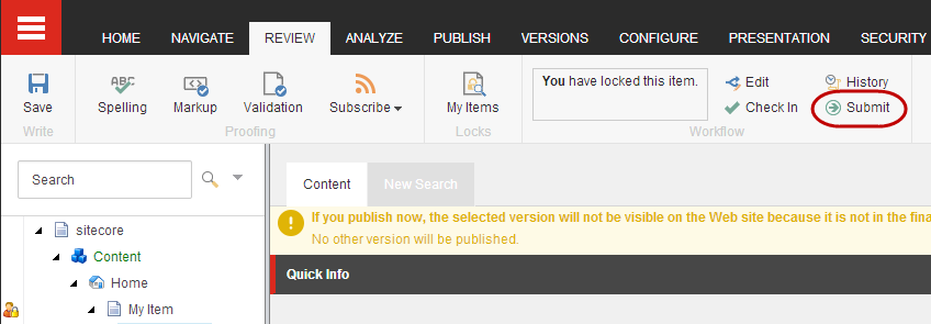 The Submit button on the Review tab