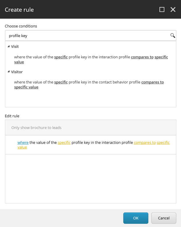 The Create rule dialog box with profile key conditions