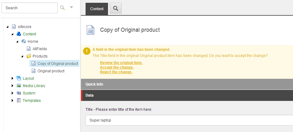 A cloned item with a warning that the original item has changed