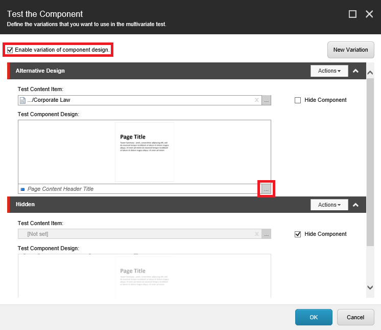 The Test the Component dialog box with design variation enabled