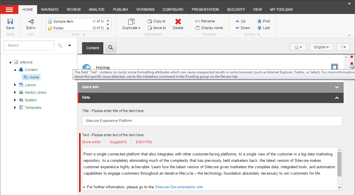 Validation errors in the Content Editor