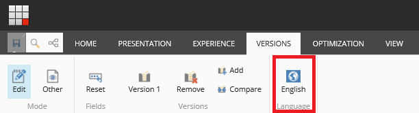 The language version button on the Experience Editor ribbon