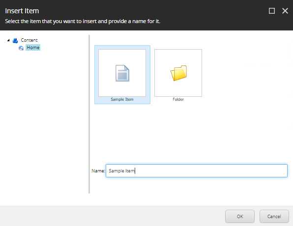 The Insert item dialog box. The Insert item dialog box.