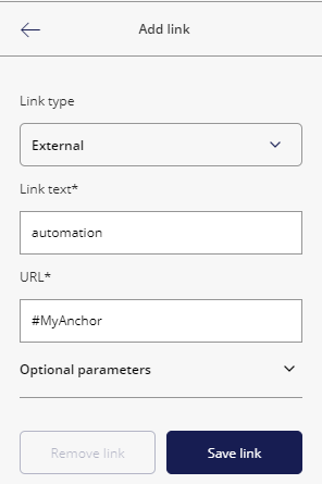 The Add link panel with the anchor name in the URL field The Add link panel with the anchor name in the URL field