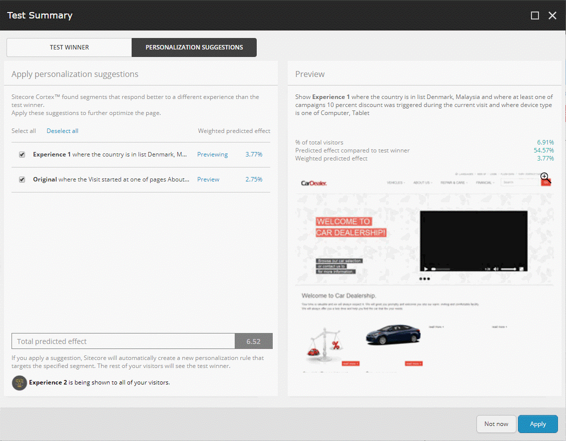 The Personalization suggestions tab in the Test Summary dialog box The Personalization suggestions tab in the Test Summary dialog box