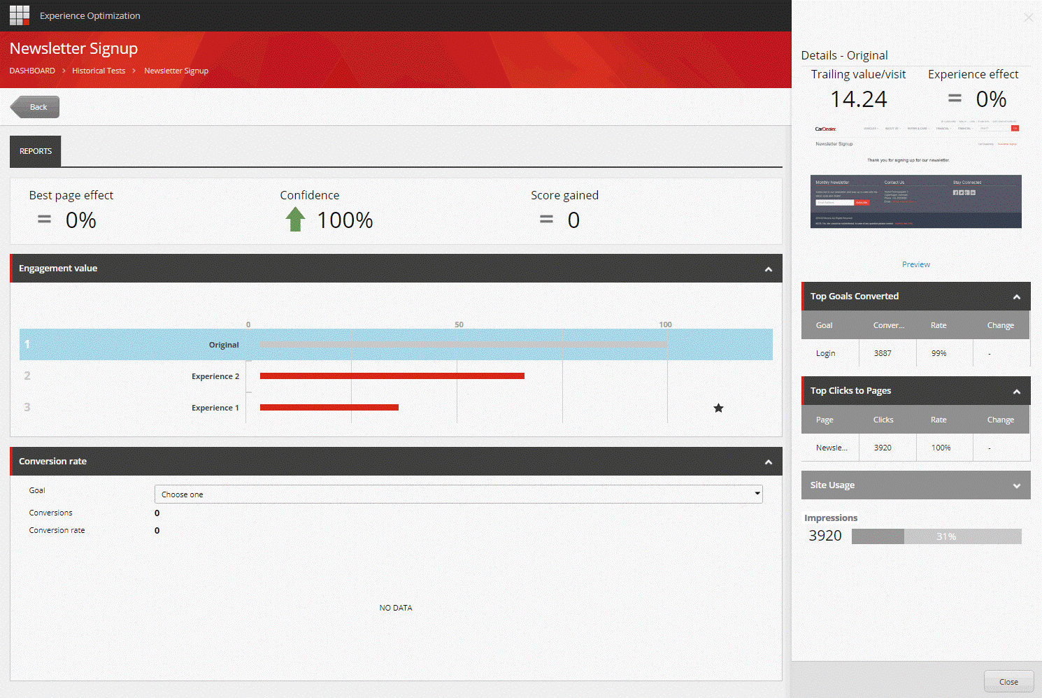 Historical test report with Engagement value details Historical test report with Engagement value details