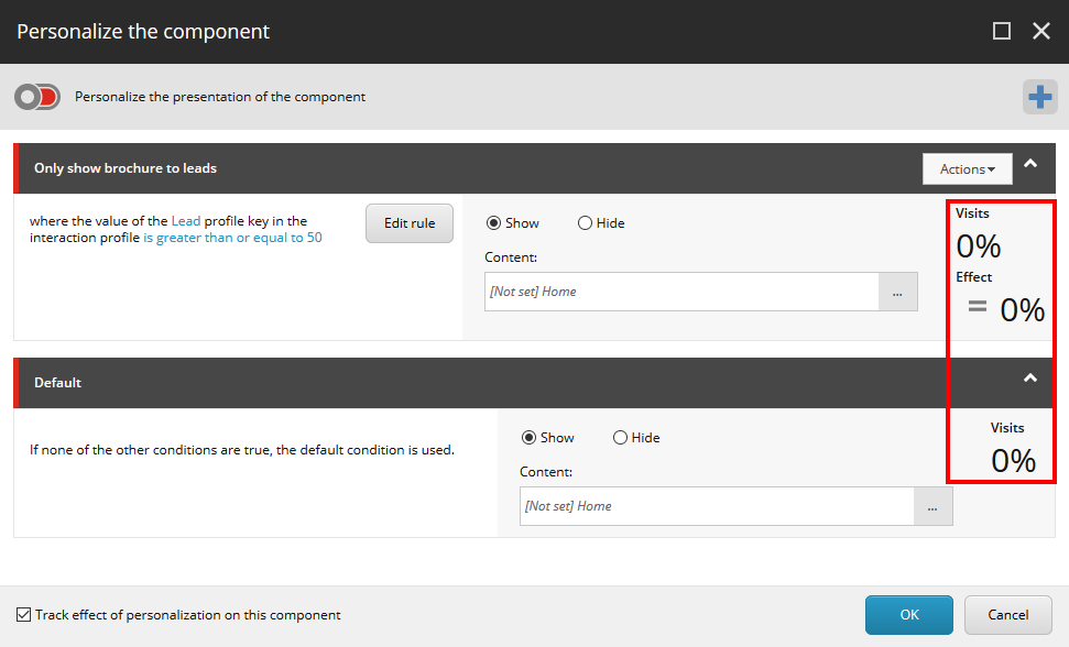 The View and Effect KPIs in the Personalize the component dialog box