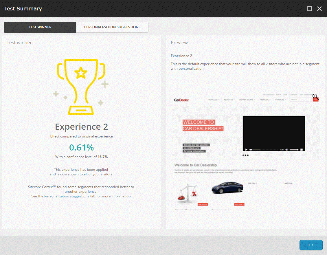 The Test winner tab in the Test Summary dialog box The Test winner tab in the Test Summary dialog box