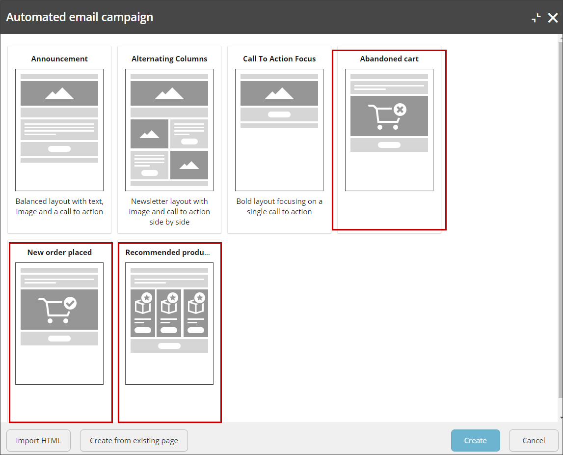 Create automated email campaign window showing templates Create automated email campaign window showing templates