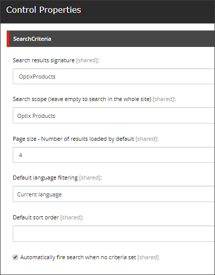 Control Properties dialog box for the Commerce Search Results rendering Control Properties dialog box for the Commerce Search Results rendering