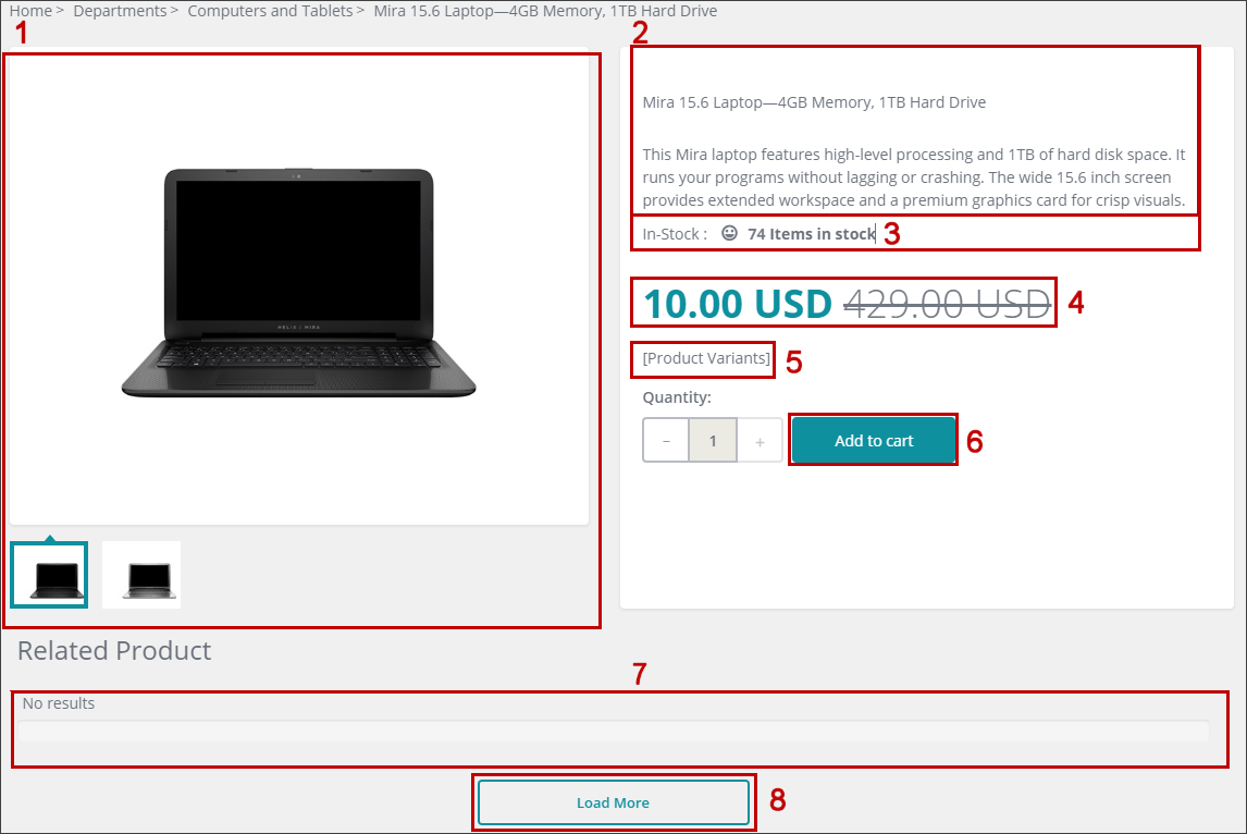Commerce Product Detail page as seen in the Experience Editor. Commerce Product Detail page as seen in the Experience Editor.