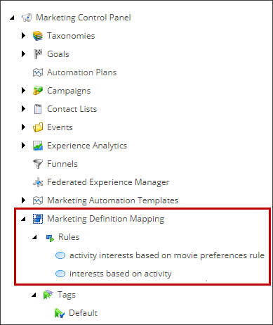 Marketing Control Panel showing Marketing Definition Mapping rules