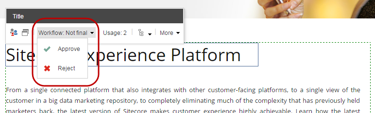 The Workflow menu in the floating toolbar for a component