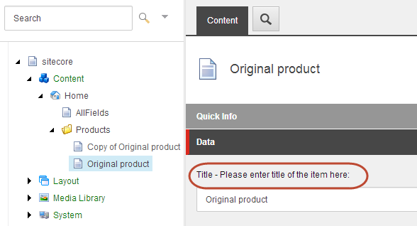 The original item in the Content Editor