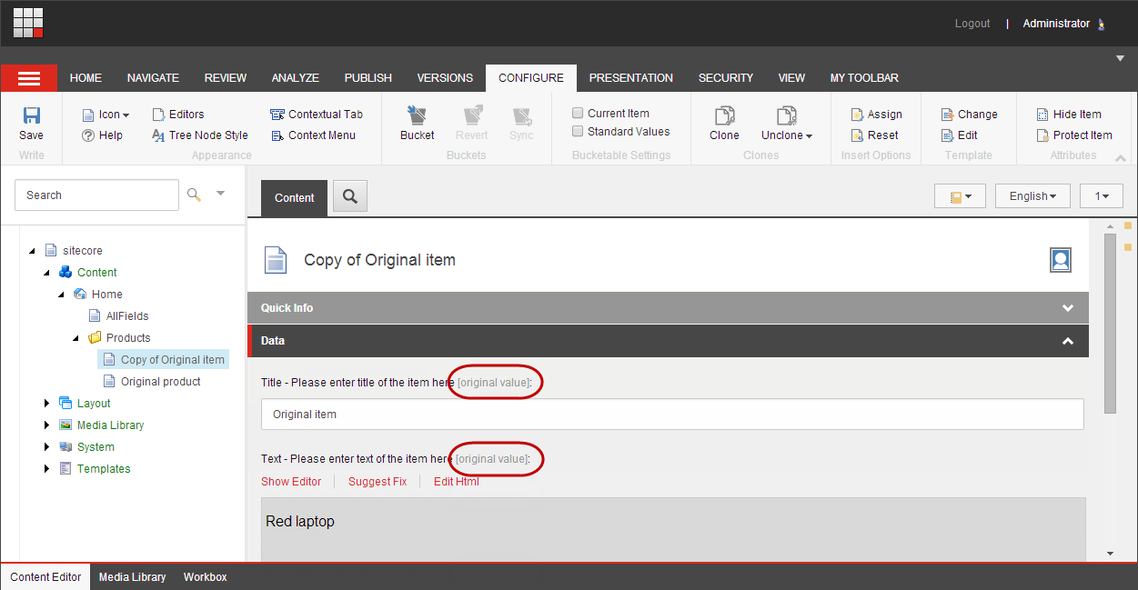 The original value tag on a field in the Content Editor The original value tag on a field in the Content Editor