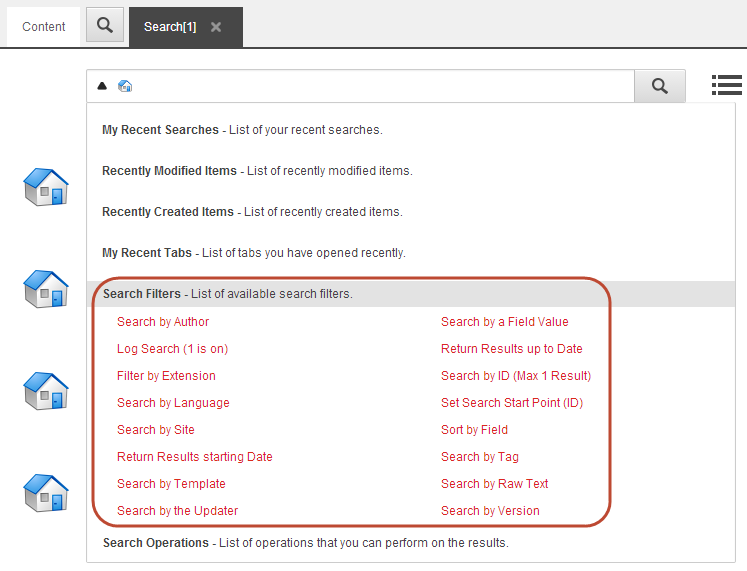 The Search tab with the list of search filters expanded.