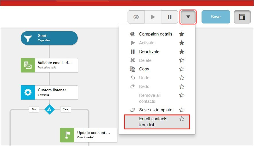 The Action menu in the marketing automation canvas
