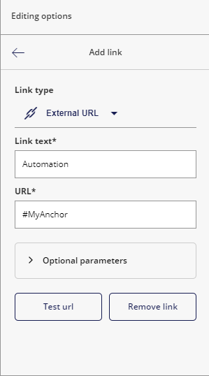 The Add link panel with the anchor name in the URL field