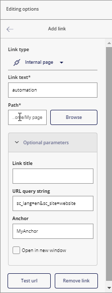 The Add link panel with the anchor name in the Anchor field