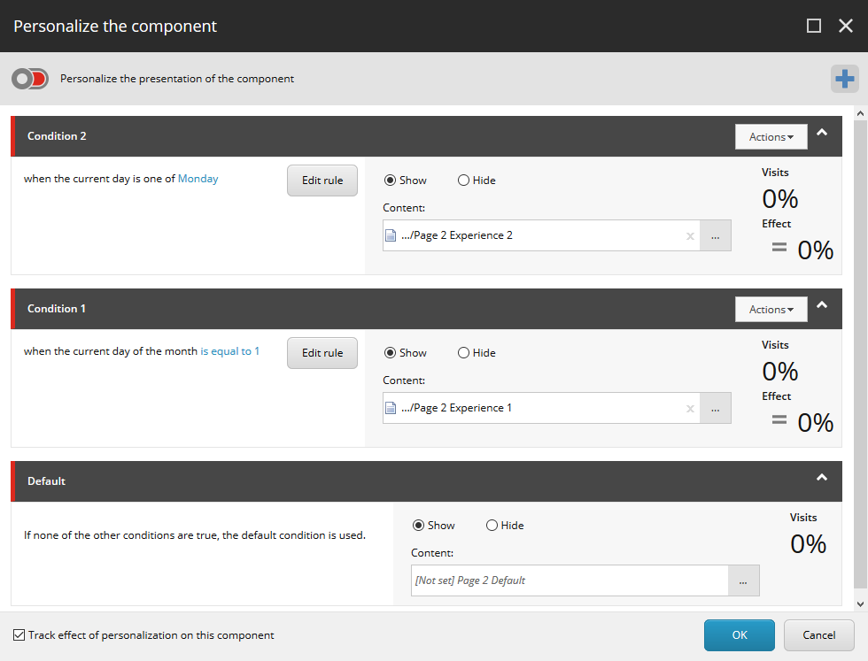 The Personalize the component dialog box with the example conditions