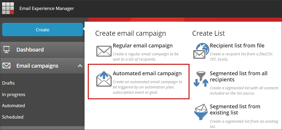 Create email campaign window showing available commands Create email campaign window showing available commands