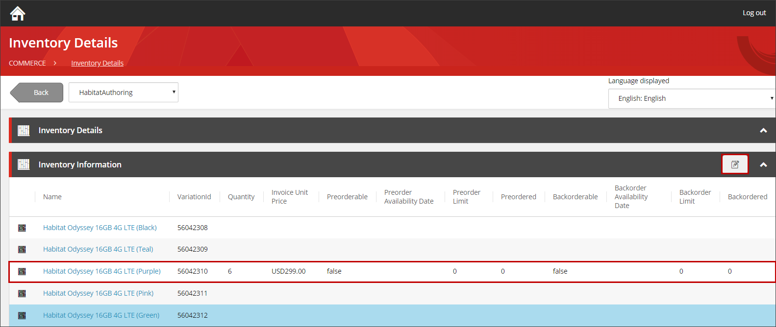 Inventory Details page Inventory Details page