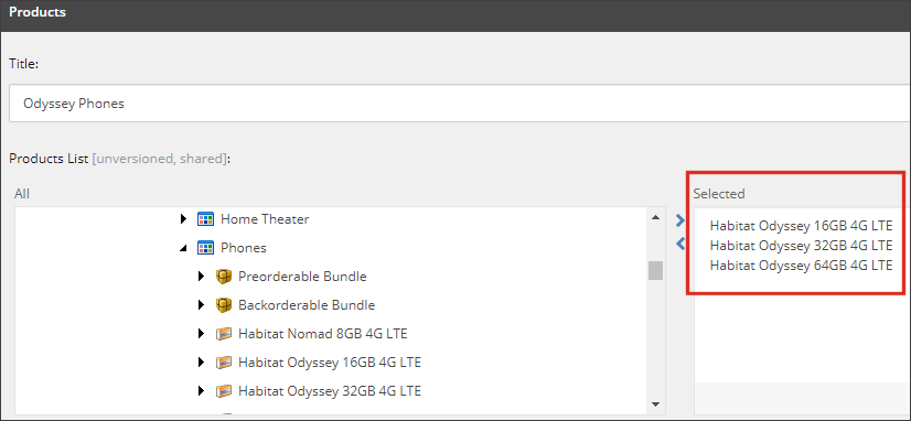 Product list defined selection