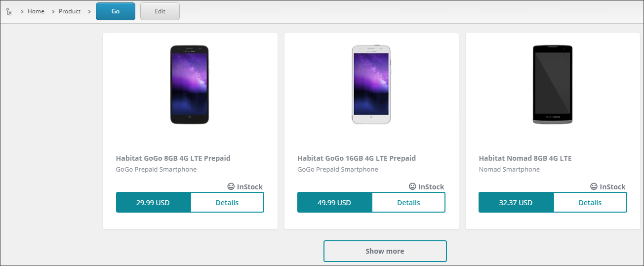 Product list on the live storefront