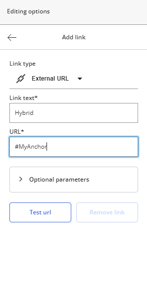 The Add link panel with the anchor name in the URL field