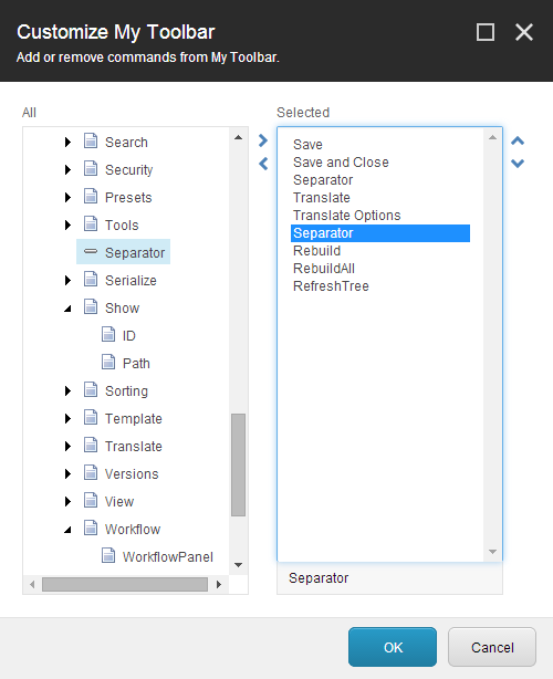 The Customize My Toolbar dialog box