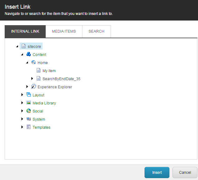 The Insert Link dialog box that opens from the Rich text editor