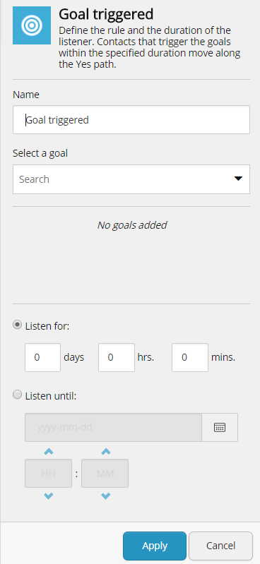 The Goal triggered listener details pane The Goal triggered listener details pane