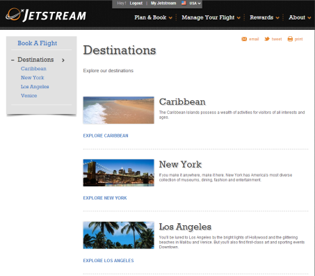 The Destinations page in Explorer mode