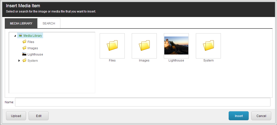 The Media Library tab in the Insert Media Item