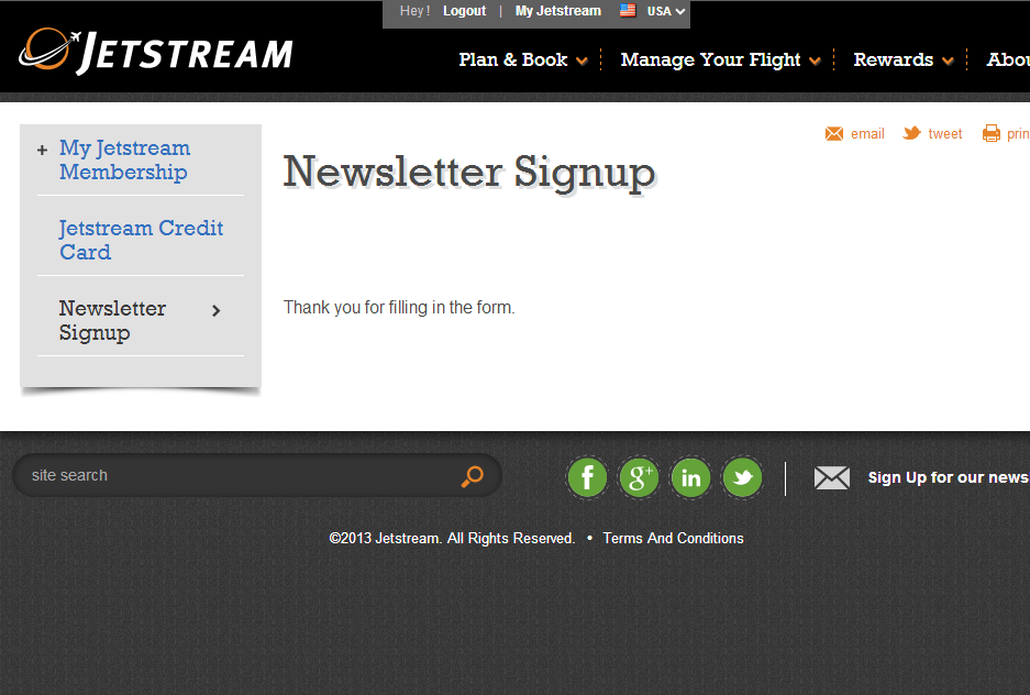 The Newsletter Signup page with confirmation message