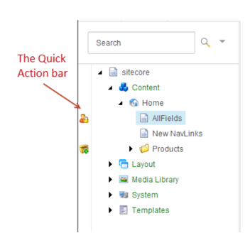 The Quick Action bar in the content tree