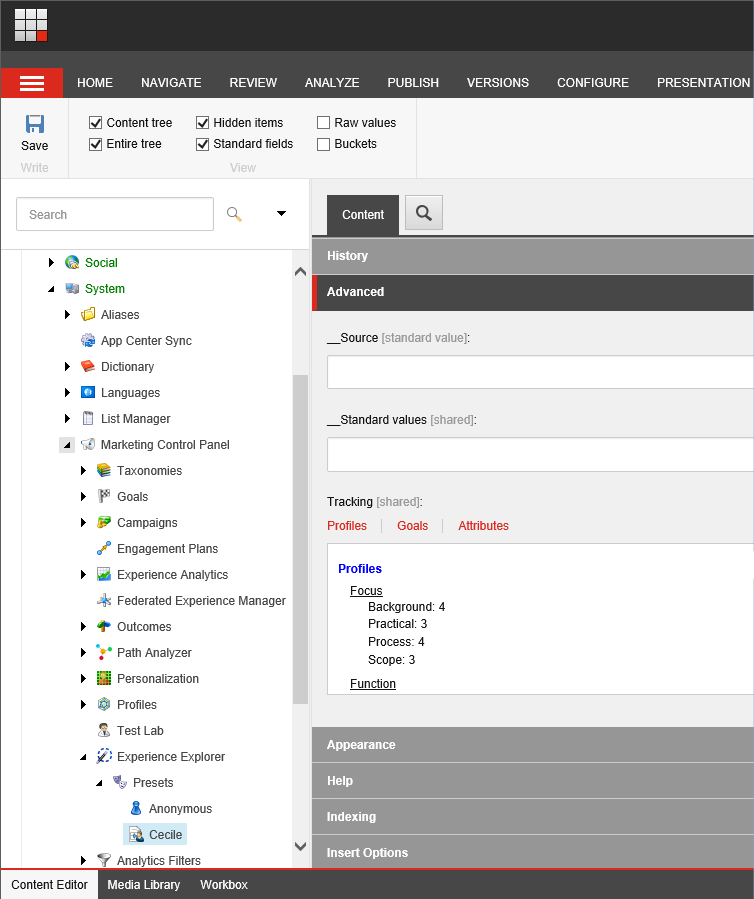 The Advanced section on a preset item