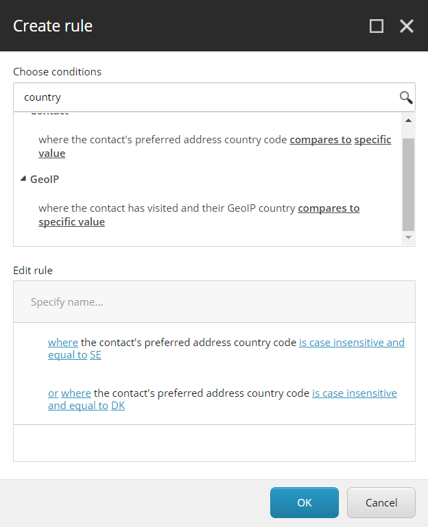 The Choose conditions field in the Create rule dialog, showing a search for "country".