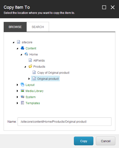 The Copy Item To dialog box
