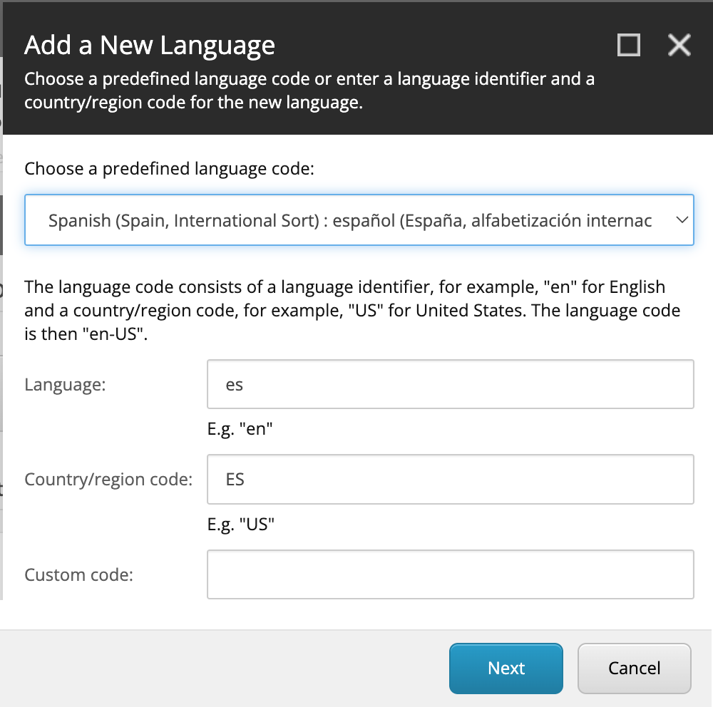 The Add a New Language dialog box in Sitecore Content Editor. The Add a New Language dialog box in Sitecore Content Editor.