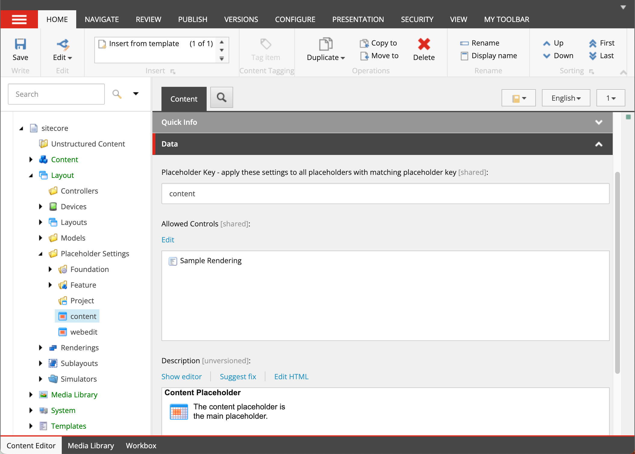 The Data section on an item in the Content Editor