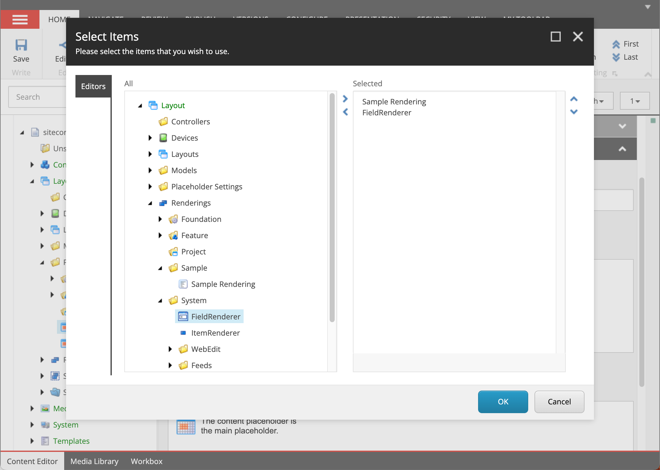 The Select Items dialog box
