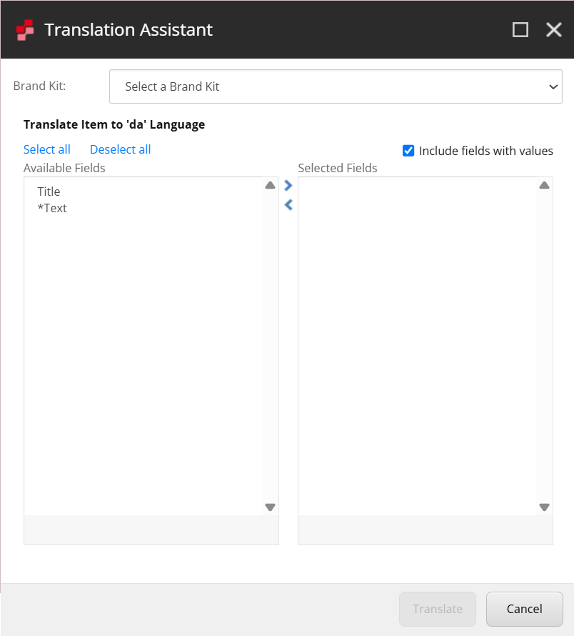 Select all fields or specific fields of the item to translate. Fields with values are marked with an asterisk (*).