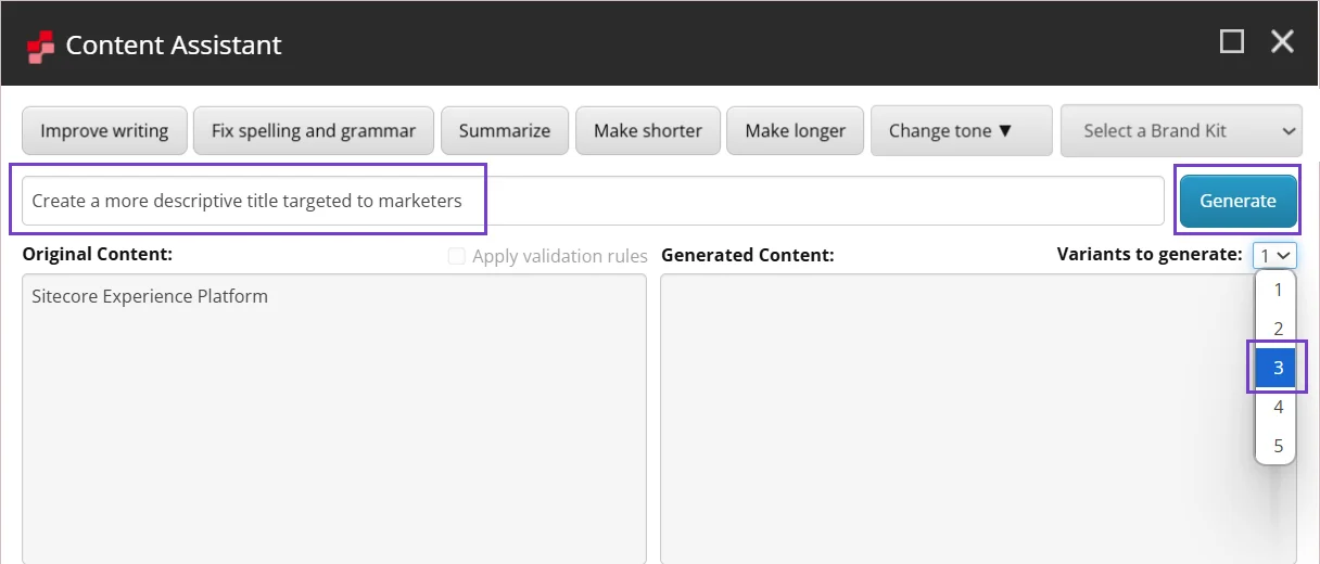 Generate up to five variants simultaneously using a custom prompt. Generate up to five variants simultaneously using a custom prompt.