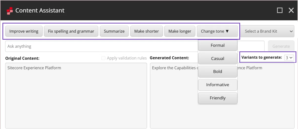 Generate up to five variants simultaneously using a predefined prompt. Generate up to five variants simultaneously using a predefined prompt.