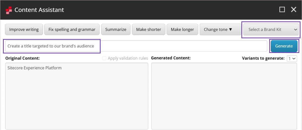 Select a brand kit from the drop-down list before entering a custom prompt.