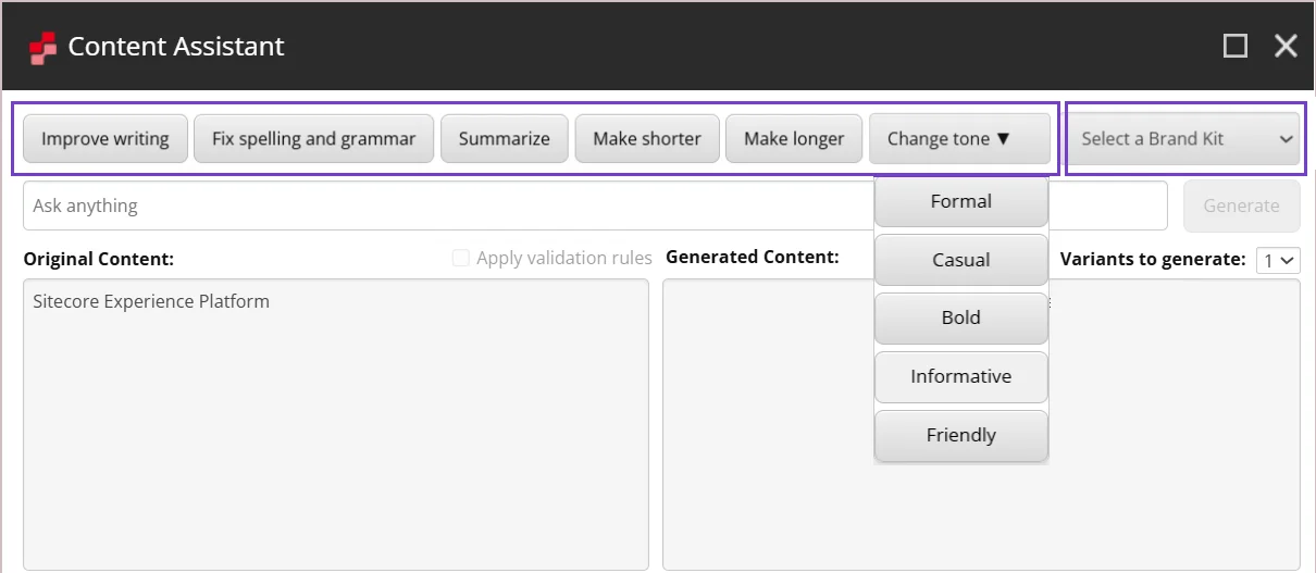 Select a brand kit from the drop-down list before choosing a predefined prompt. Select a brand kit from the drop-down list before choosing a predefined prompt.