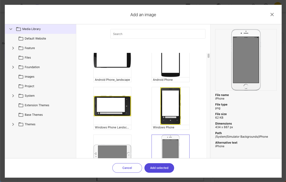 Screenshot of the Add an image dialog when browsing a media library
