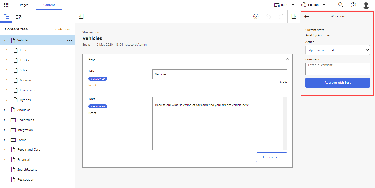 The workflow panel in Content